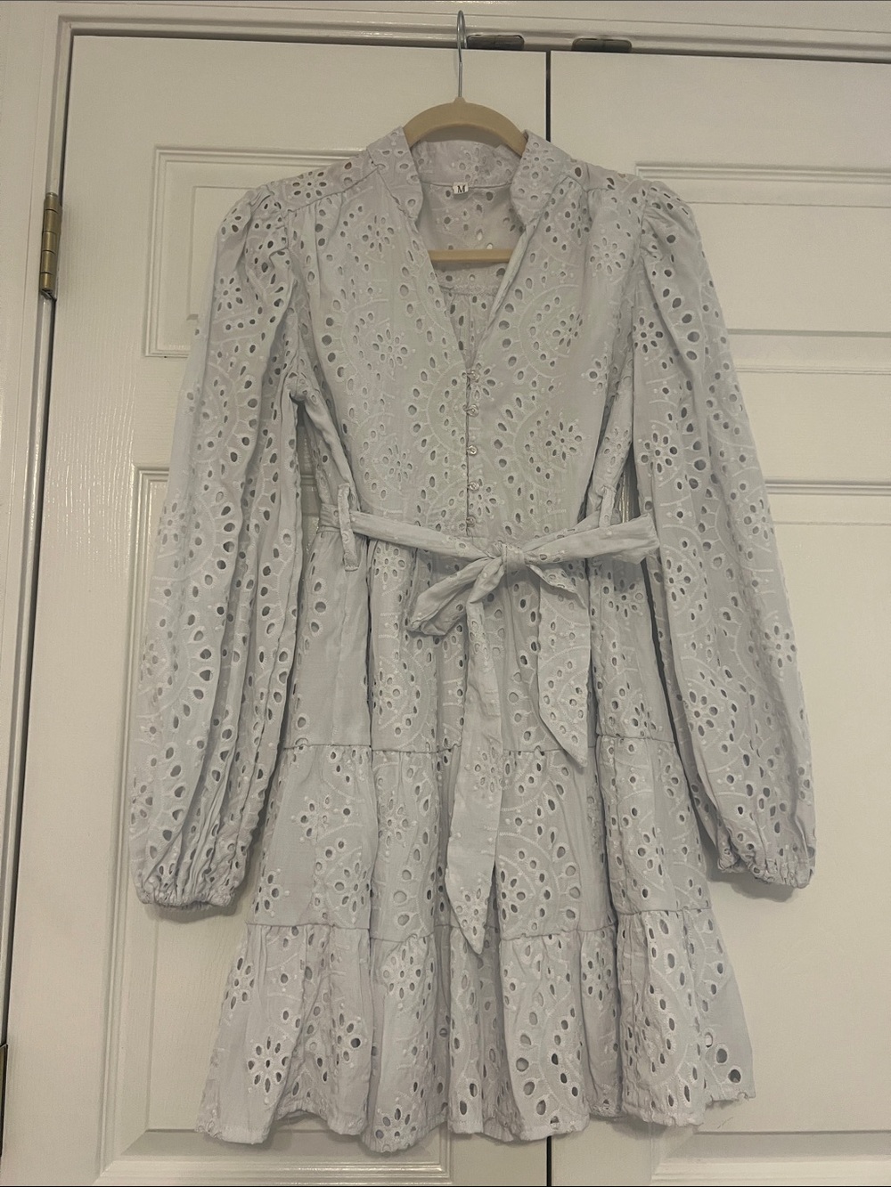 SHEIN Light Gray Eyelet Tie-Waist Long Sleeve Mini Dress